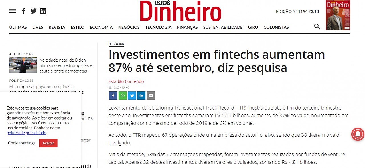 Investimentos em fintechs aumentam 87% at setembro, diz pesquisa